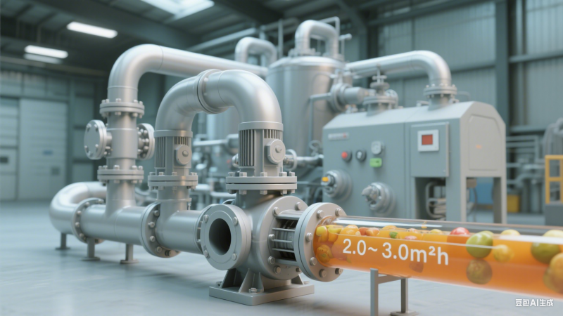 果蔬加工生產(chǎn)線蒸發(fā)系統(tǒng)調(diào)試現(xiàn)場(chǎng)，工人站在不銹鋼控制面板前，屏幕顯示真空度 0.07MPa、溫度 52℃，旁側(cè)放置濁度儀，設(shè)備管道為銀白色不銹鋼材質(zhì)，無(wú)泄漏痕跡